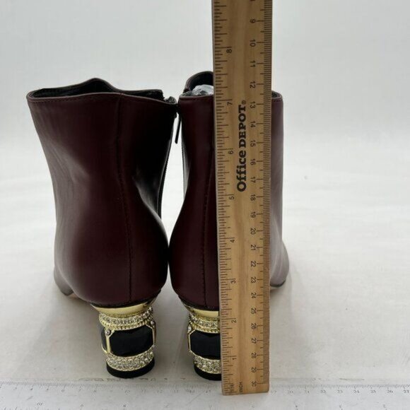 FSJ Brown Round Toe Crystal Chunky Block Low Heel Ankle Boot Side Zipper Shoes - Picture 5 of 8